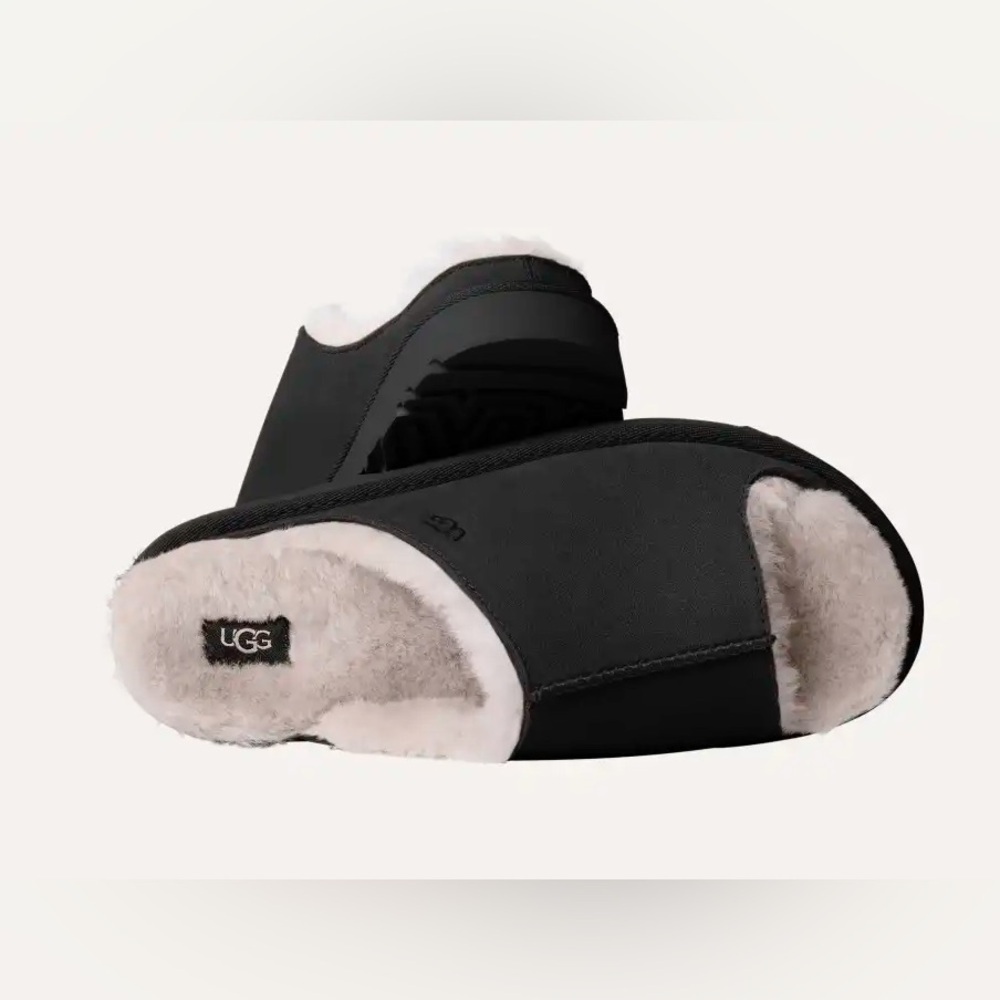 Ugg Women's Greenport Slide Slippers In Black Suede With Gray Sheepskin Lining